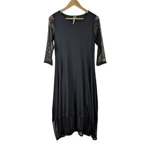 Comfy USA Womens Dress XS Black Jersey Knit Mesh Princess Seams 3/4 Sleeves Midi